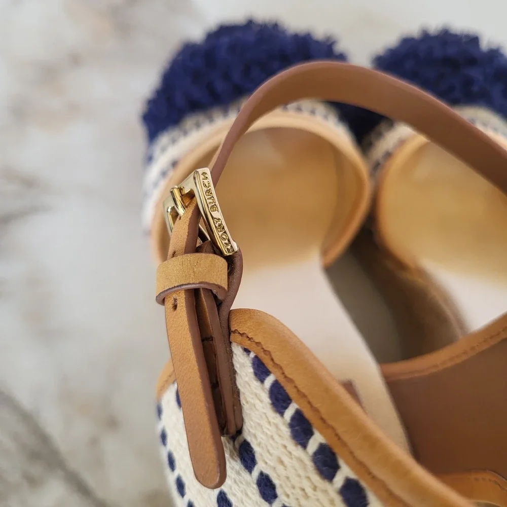 Tory Burch Shaw PomPom Wedge Espadrille Ankle Strap Sandals Size 6.5 Blue Stipe